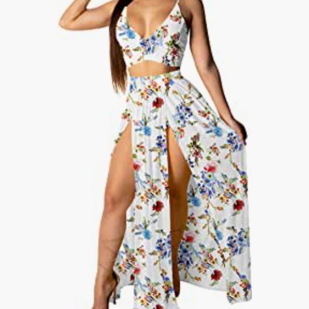 Skirt Set 2 Pieces Deep V Neck Chiffon Print Beach Long Dress High Slit Crop Top
